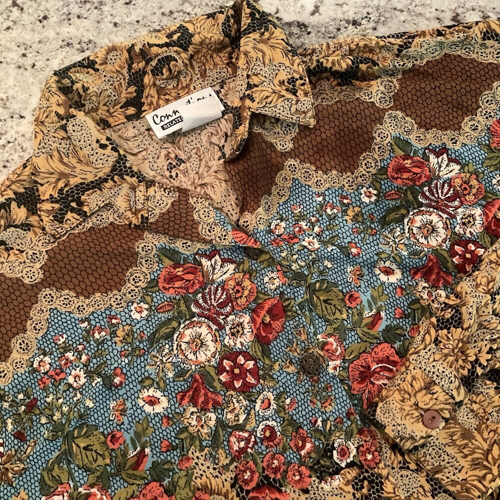 Vintage Shirt Womens Large Floral Long Sleeve Button Up Cottage Top Retro USA